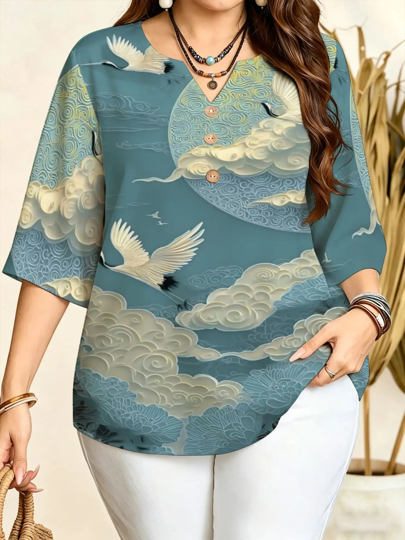 Plus Size Notch V Neck Blouse 3 Decorative Buttons 3/4 Sleeve Lotus Red-crowned Crane Print Loose Casual Women Daily Top