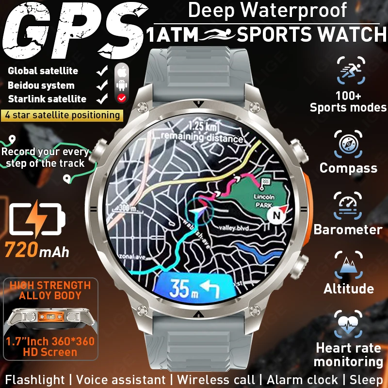 

Новые умные часы LIGE для активного отдыха, мужские, с GPS-позиционированием, аккумулятором 720 мАч, HD-звонками, 1,7-дюймовым AMOLED-экраном, компасом, водонепроницаемостью 5ATM