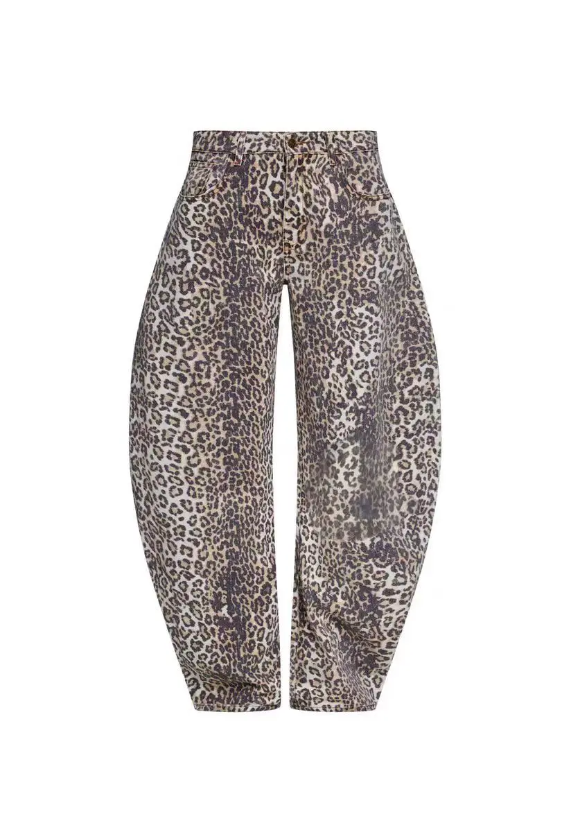 Lioness Washed Leopard Print Relaxed Fit Casual Wide Leg Jeans for Women High-Waisted Flattering Straight Leg Floor-Length Pants