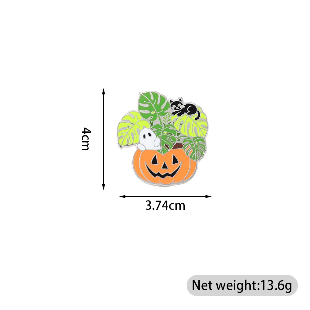 Halloween Pflanzendekor Emaille-Pin Kürbis Jack Gruseliger Monstera Pflanzentopf Brosche Geist Schwarze Katze Abzeichen Geschenk Accessoire – Detail 2