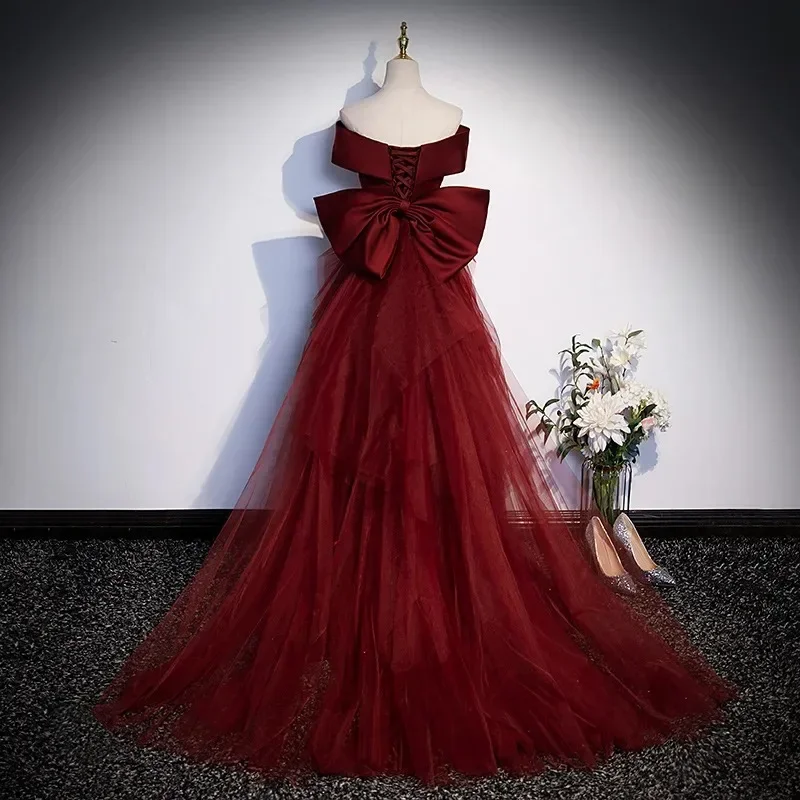 Customized Customized Wine Red Trumpet Evening Dress Female Slim Waist Slash Collar Elegant Wedding Party Dresses One-shoulder T