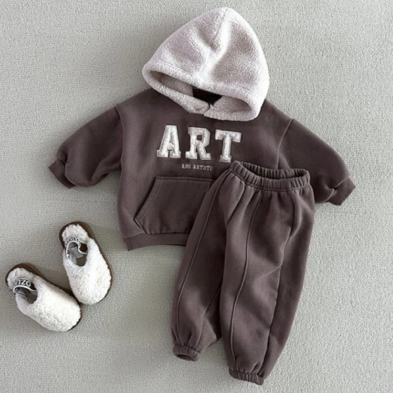 1 2 3 4 5 6 سنوات طفل الفتيان الملابس مجموعة الخريف الشتاء جديد المرقعة أفخم سميكة الدافئة هوديي السراويل 2 قطعة للبنين الزي غير الرسمي
