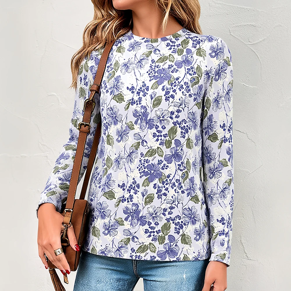 

Mia Muse Women's 2025 Casual Autumn T-Shirts Long Sleeve Round Neck Full Print Floral Skinny Fit Daily T-Shirts
