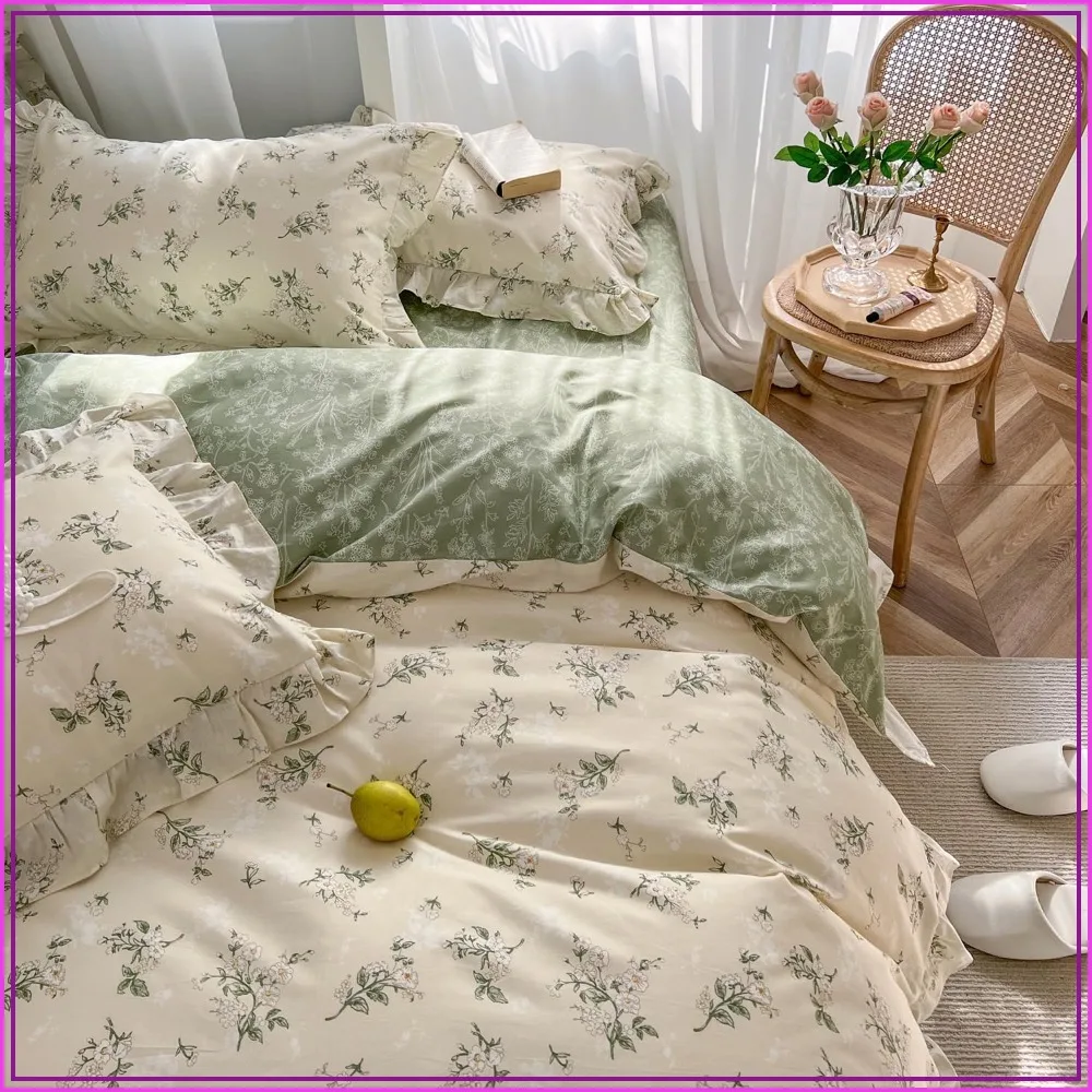 Reversible Sage Green Floral Cotton Duvet Cover Set Queen Ruffle Lace 3PCs