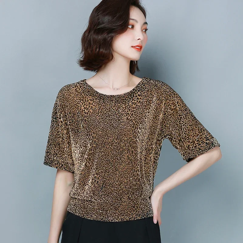 New 2024 Summer Women Shirts Fashion Women\'s Elegant Shine Glitter Tops Short Sleeve Blouse Shiny Sequin Casual Clothes 9197