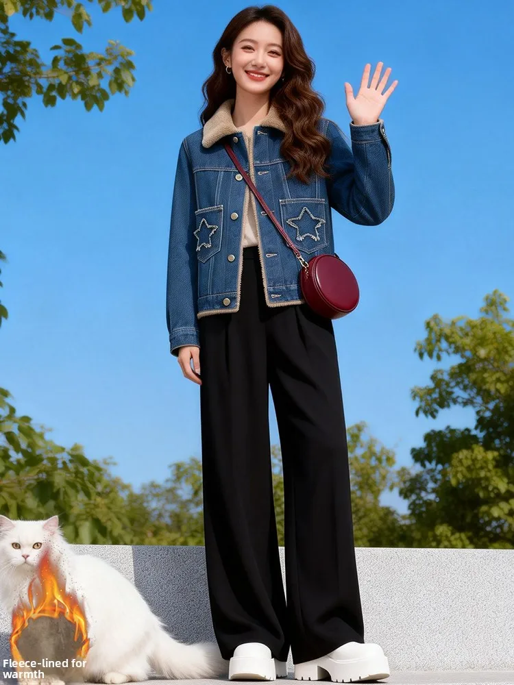 Faionable Afslanken ort Denim Jaet vrouwen Herfst Winter Nieuwe Sle Fce Thiened Kleine Fraance Sle Bontkraag Top