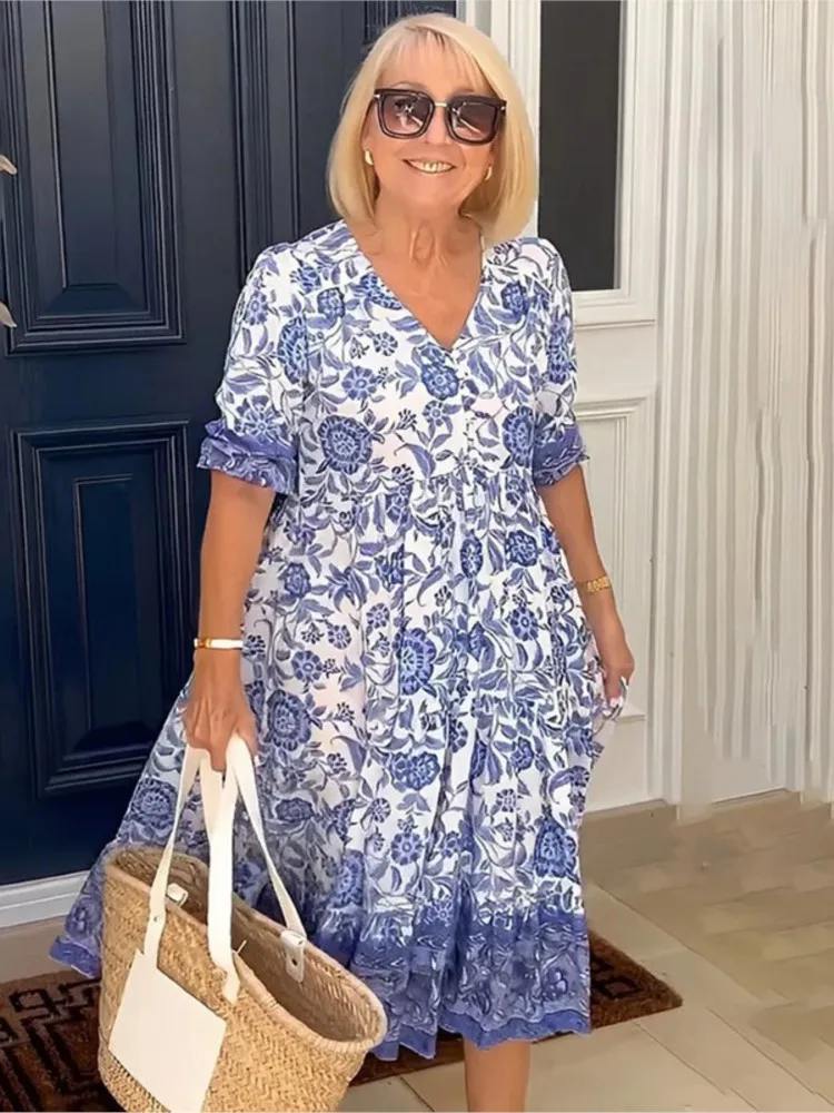 Letnia sukienka z kwiatowym nadrukiem dla kobiet Casual Loose Elegant Beach Party Maxi Dresses Robe Femme Fashion Female New Vestidos 2024