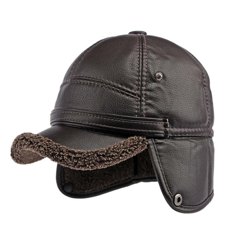 Casquette de baseball en cuir PU pour homme, chapeau de bombardier avec oreillettes, chapeau Trared russe, coupe-vent chaud, elchef du milieu,