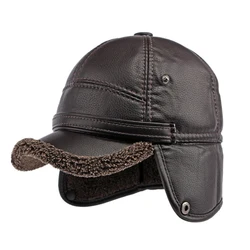 Casquette de baseball en cuir PU pour homme, chapeau de bombardier avec oreillettes, chapeau Trared russe, coupe-vent chaud, elchef du milieu, ThUNICEF, hiver