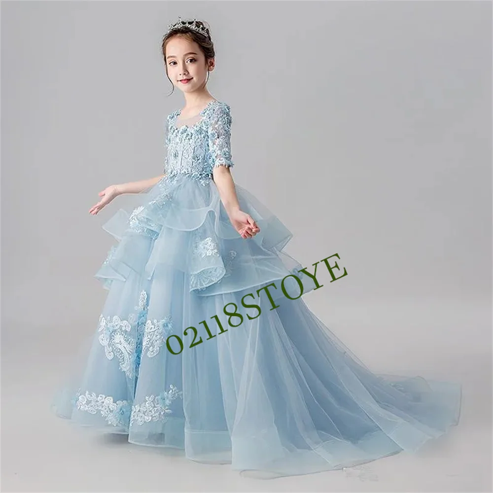 

Bow Flower Girl Dresses Fluffy Sequin Wedding Party Dress Tiered Puffy Tulle Girl Princess Communion Birthday Celebrat