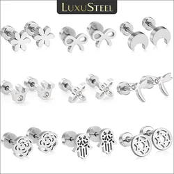 LUXUSTEEL Silver Color Stainless Steel Screw Stud Earrings For Girls Boys Flower Bowknot Dragonfly Hypoallergenic Ear Clips