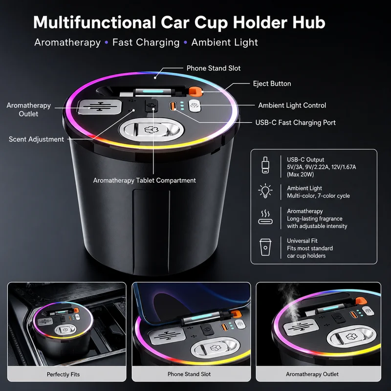 Car Aromatherapy Expansion Dock Phone Super Fast Charger Interior Modification Car Cup Holder Extender For Universal Vehicle
