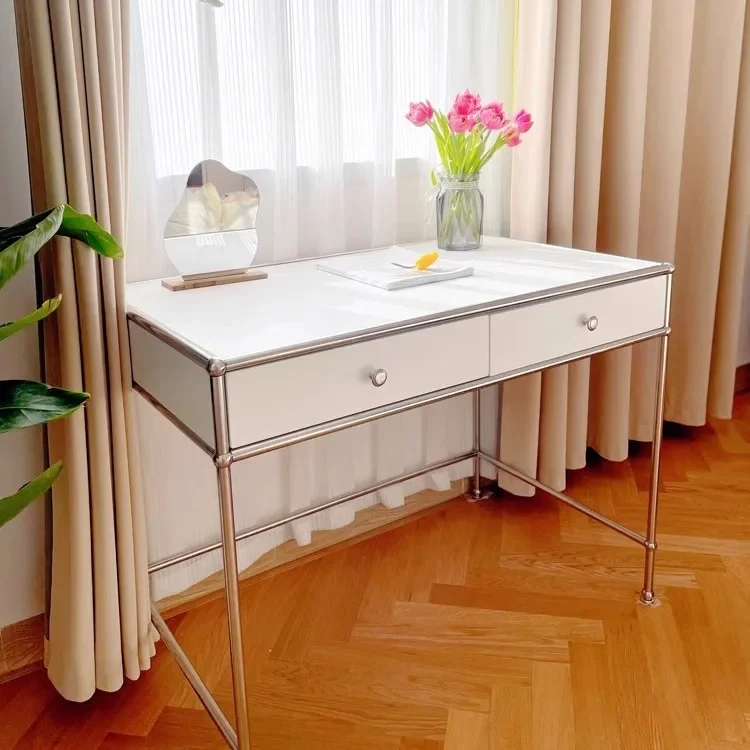 Small apartment medieval stainless steel makeup table, home computer office bedroom dressing table
