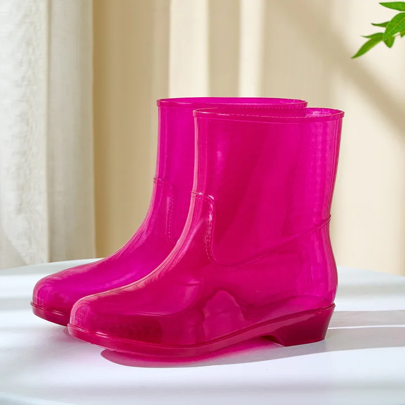 New Women Fashion Transparent PVC Rain Boots Non-slip Mid-calf Rainboots Waterproof Woman Water Shoes Wellies Boots Slip-on