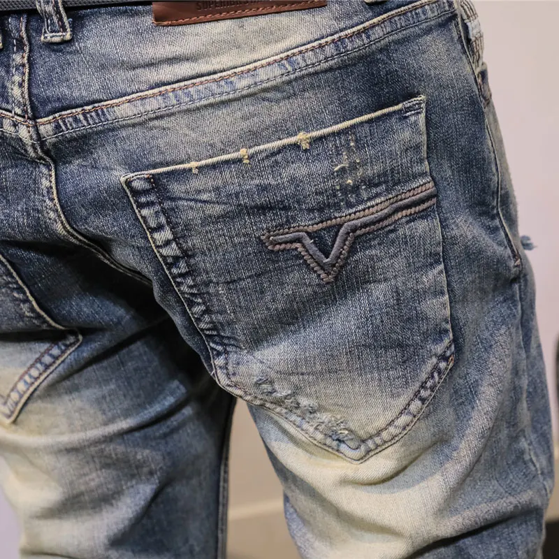 Fashion Designer Men Jeans Retro Washed Stretch Slim Fit Ripped Jeans Men Embroidery Patched Vintage Y2K Denim Pants Hombre