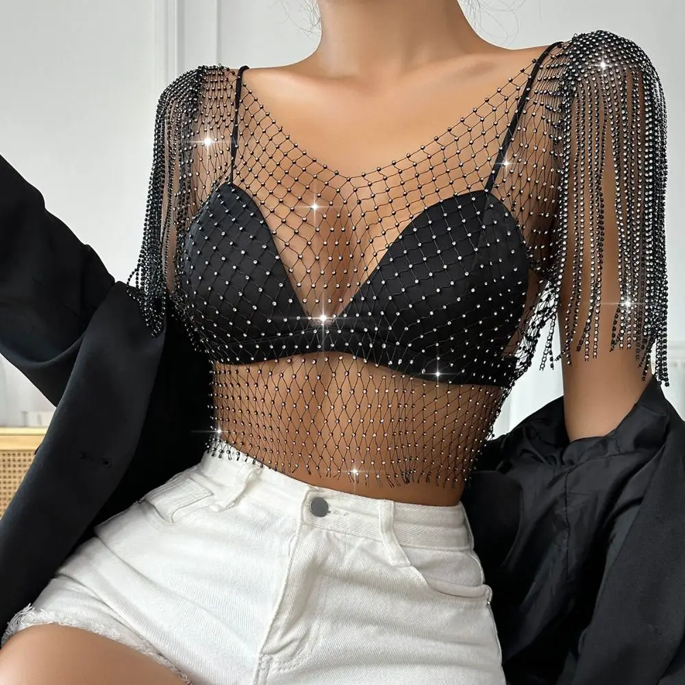 

Mesh Fishnet Glitter Top Sex Appeal with Tassel Shawl Rhinestone Fishnet Cover Ups Mesh Drill Vest