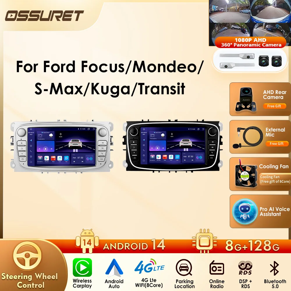 Para Ford Transit Connect, Kuga, Focus, Mondeo, C-MAX/S-Max, Galaxy: Central Multimídia Automotiva Sem Fio com Carplay, Android Auto, GPS, Navegação, Octa Core e Wi-Fi