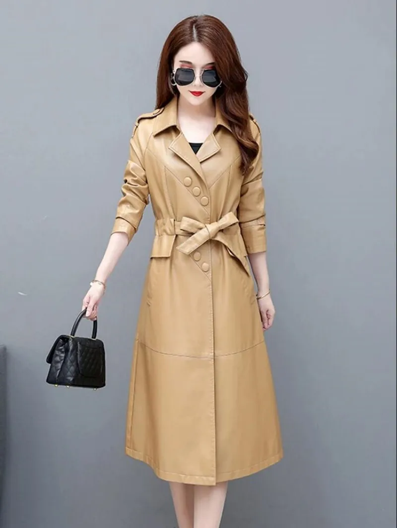 2023 Autumn Winter Long Leather Trench Coats Genuine Leather Jackets Women Long Sleeve Coats Lace-up Female Sheepskin Outwear