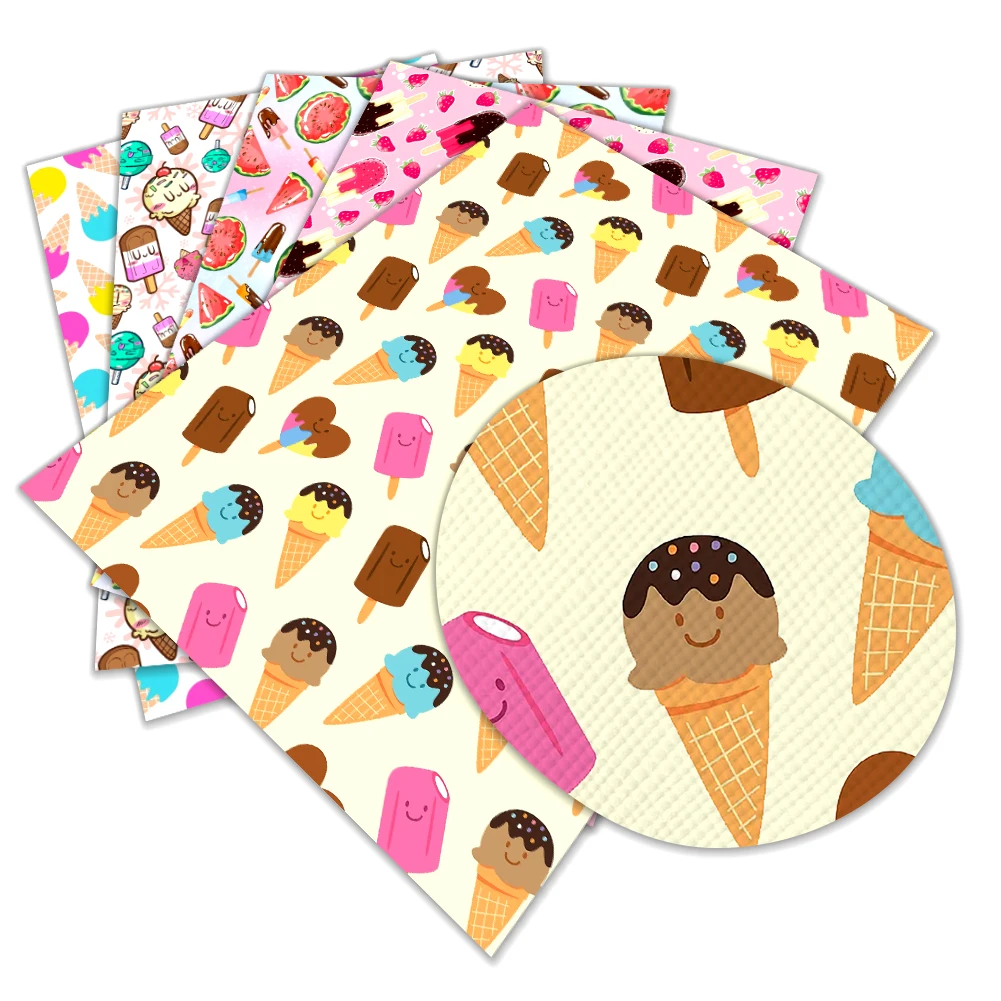 Summer Ice Cream Print Pattern Faux Leather Vinyl Synthetic Leather Cross Grain for DIY Hair Bow Jewelry Earring Craft Making