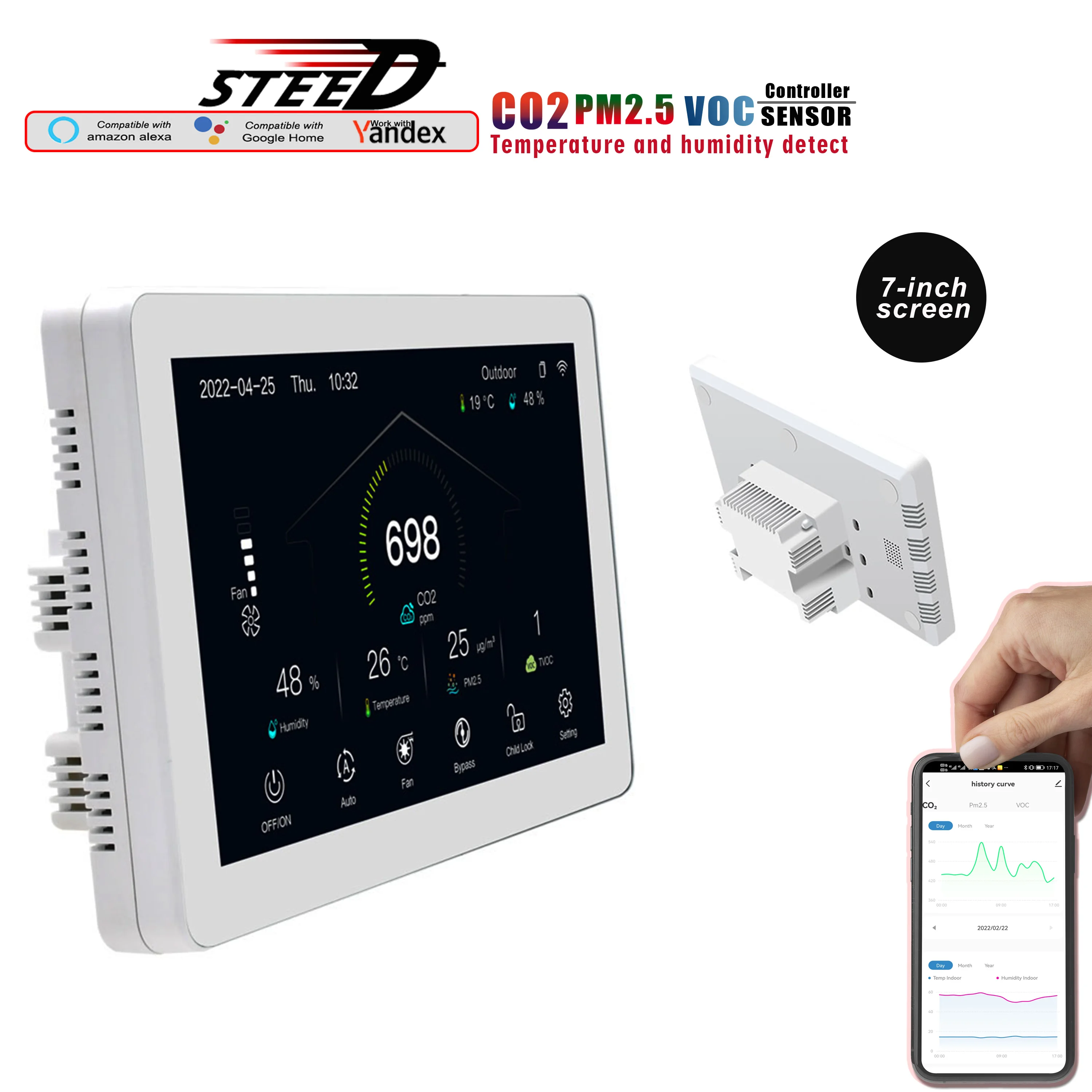 WIFI Carbon Dioxide CO2 Sensor RS485 Remote Control for 7-Inch Screen PM2.5 VOC Regulator Temp Humidity Monitoring APP Chart