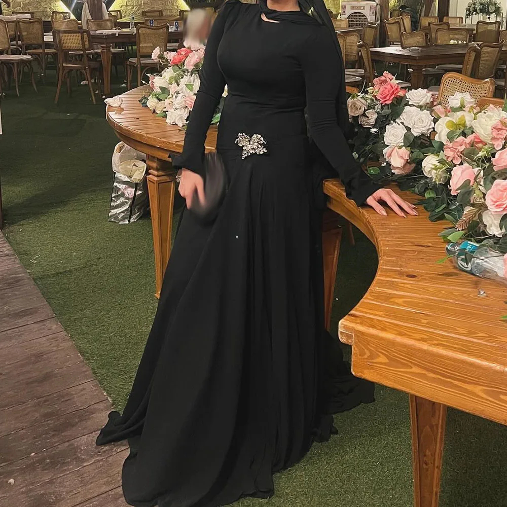 

Customized A-line Evening Dresses Floor-length O-neck Full Sleeve Prom Gown Fashion Crystal Simple Draped Casual Party Gown