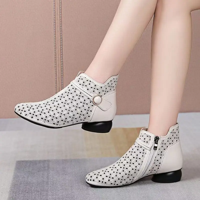

Women Real Leather Big Size High Top Cool Boots Spring Summer New Soft Sole Round Toe Hollow Out Low Heel Cave Ankle Boots
