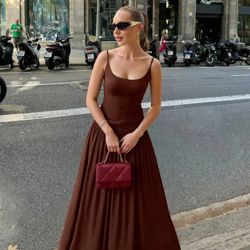 

Women Spaghetti Strap Chocolate Brown Maxi Dress Elegant Sleeveless Formal Gown with Flowy Skirt Casual Outfit in Multiple Sizes