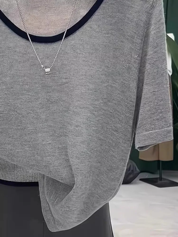 Faionable Korean Sle Ice Silk Knitted ort Sve round Ne Color Blo Top Commute Friendly Summer T-irt Women's Kni...