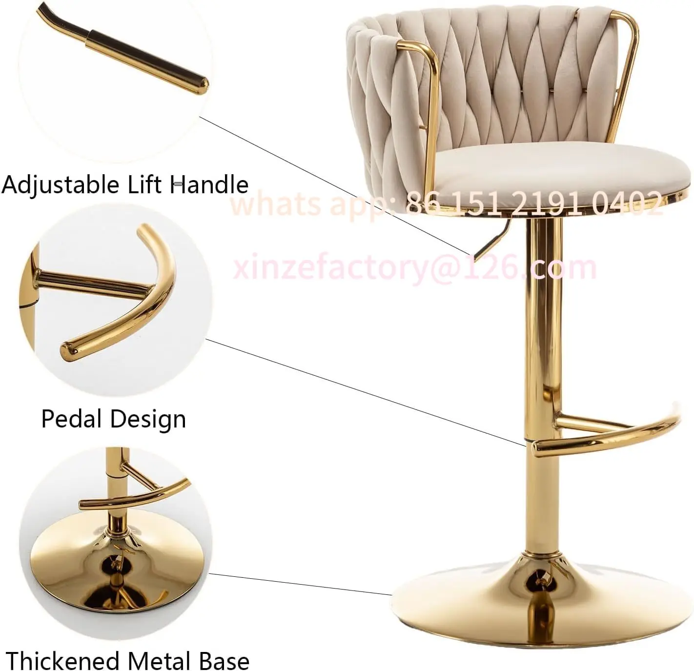 Customizable Gold Velvet Bar Stools Set of 3, Swivel Counter Height Bar Stools with Back, Adjustable Woven Barstools for Kitchen