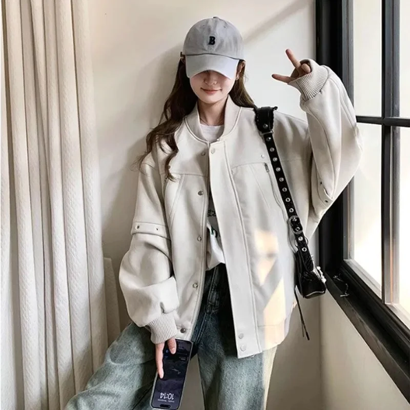 

2025 Femme Heavy Metal Lndustry Топы Пальто Весна Осень Женская однотонная бейсбольная куртка Американская женская верхняя одежда с длинными рукавами