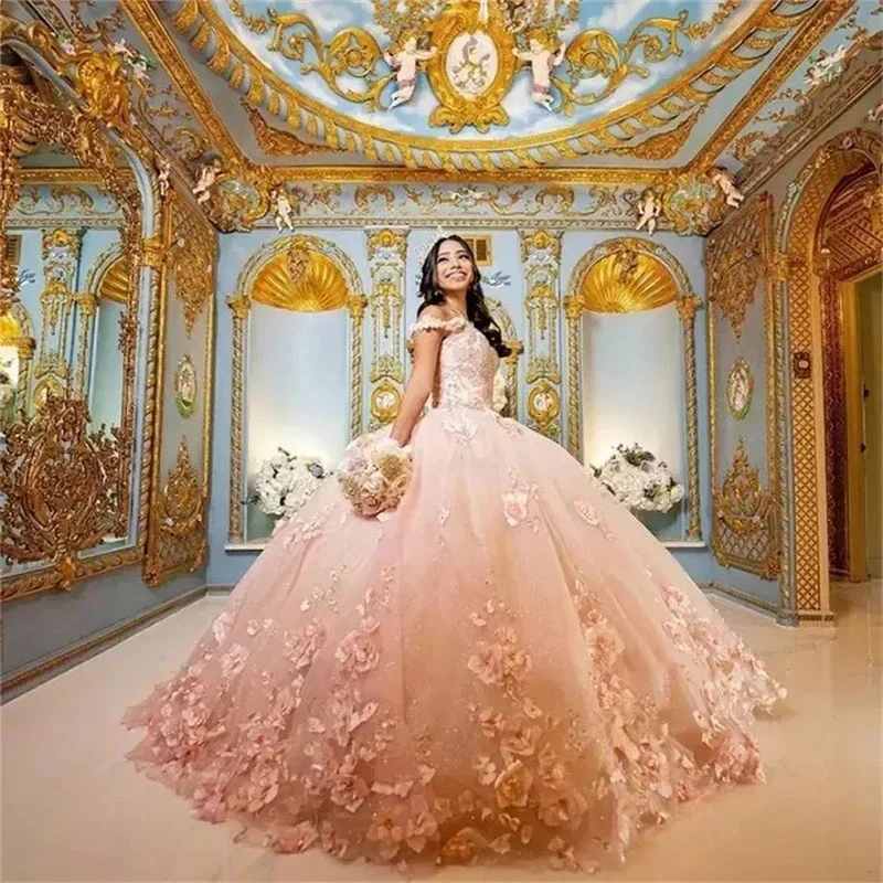 Pink Appliques Mexican Quinceanera Dresses 3D Flowers Sweetheart Ball Gown with Cape Tulle Vestidos De 15 Años Sweet 16 Dress