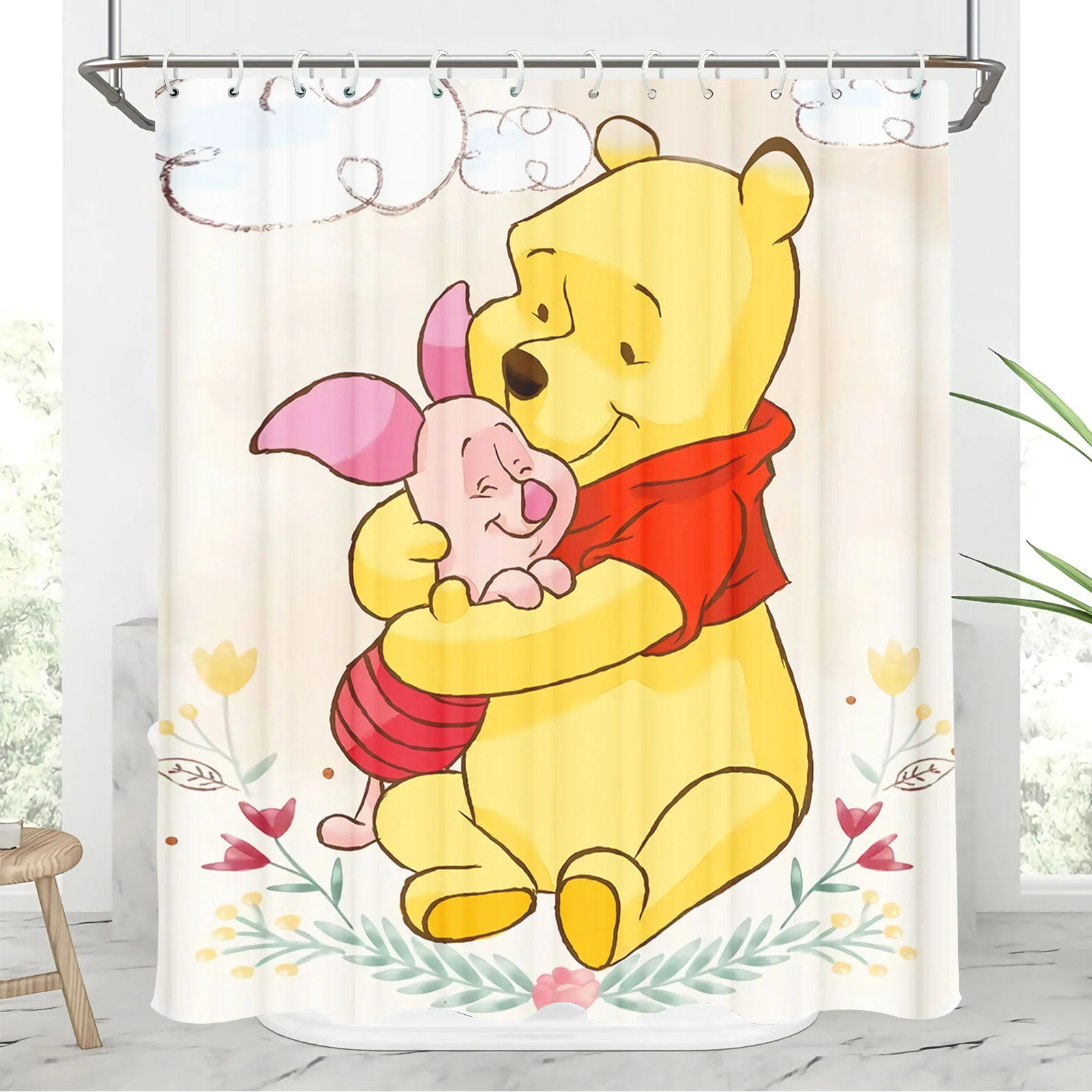 Winnie the Pooh Shower Curtain Set, 100% Polyester, Full Screen, Luxury Cartoon, Funny, Hook Up Accessories, Bathroom, Cute Bath