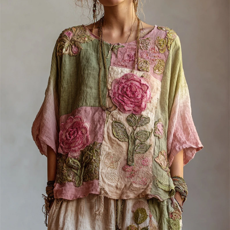 2026 Frühling Sommer Neue 3D Blumen Vintage Bohemian Bluse Rundhals Flatterärmel Tops Lässige Locker Sitzende Damenbluse