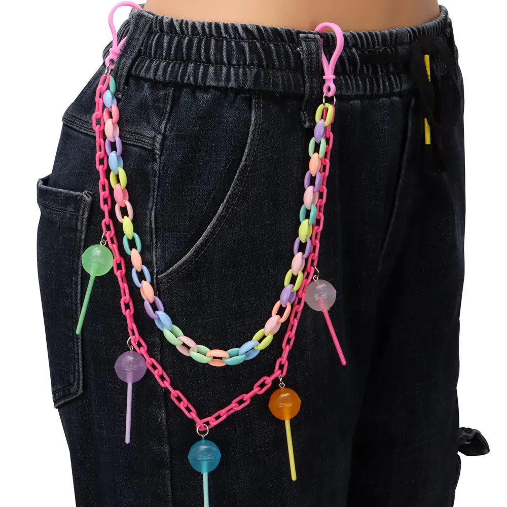 Colorful Lollipop Heart Flower Pendant Acrylic Chain Keychains Women Girls Hip Hop Waist Chain Pants Trousers Chain Boho Jewelry