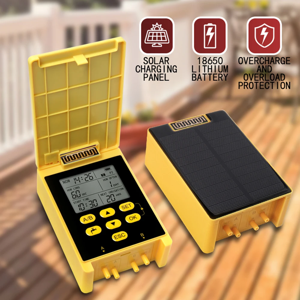 

Solar Power Double Pump Watering Timers Automatic Drip Irrigation System Built-In Lithium Battery Rain Sensing for Garden Plant