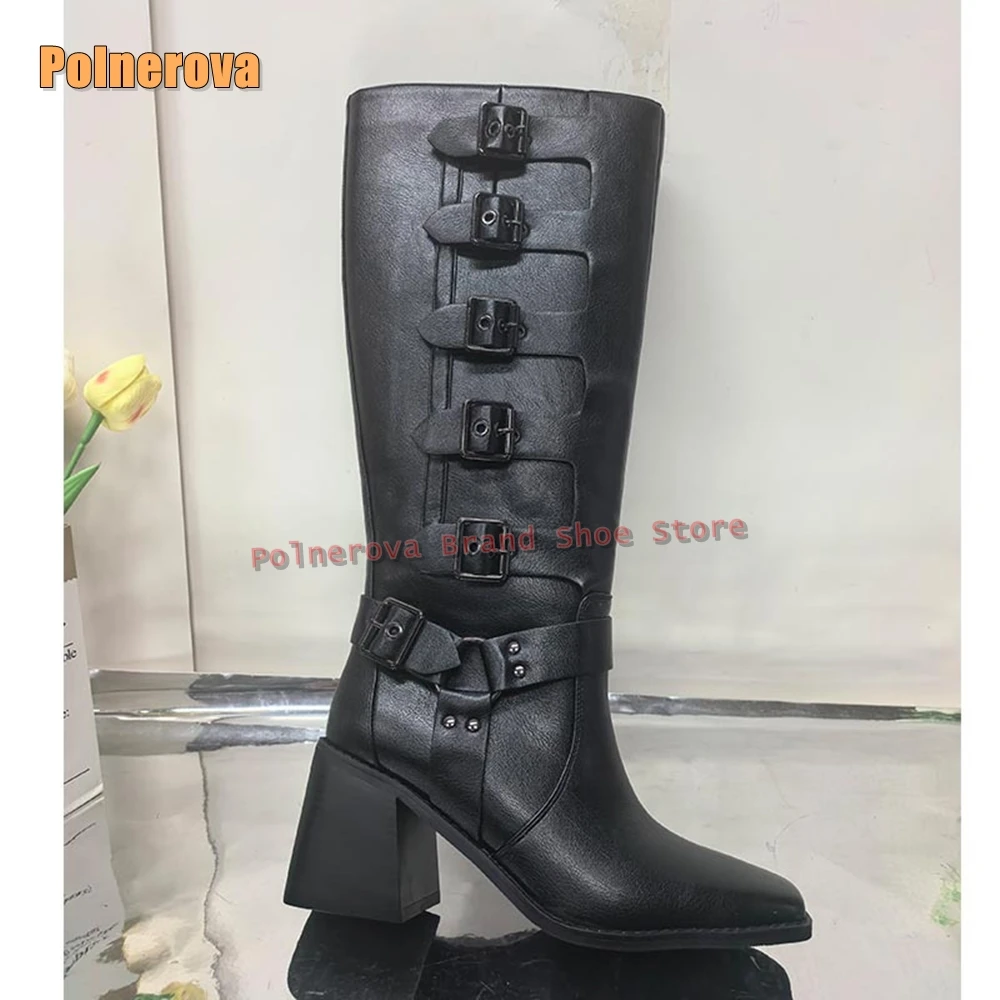 

Belt Buckle Chunky Heels Knee High Boots Square Toe Retro Patchwork Pull On Women Western Cowboy Boots 2025 Autumn New Style