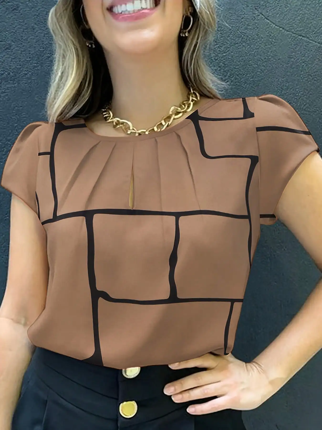 

Women's Geometric Print Ruched Crew Neck Short Sleeve Blouse, Casual Spring Summer Autumn Top