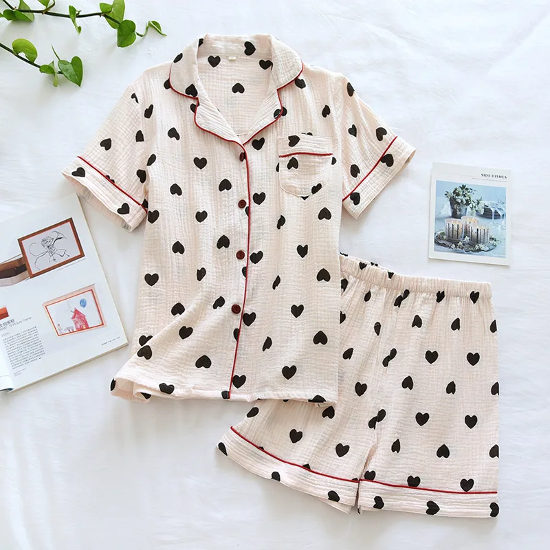 

Small Fresh Summer Thin Short-sleeved Shorts 2PCS Women's Crepe Pure Cotton Pajamas Love Lapel Gauze Cotton Loungewear