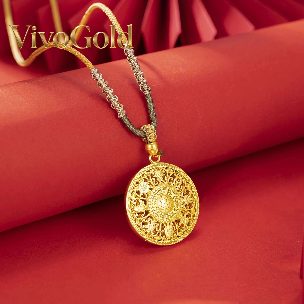 

VivoGold9999 24K real gold eight treasure compass pendant men and women necklace braided rope long sweater chain Chinese style