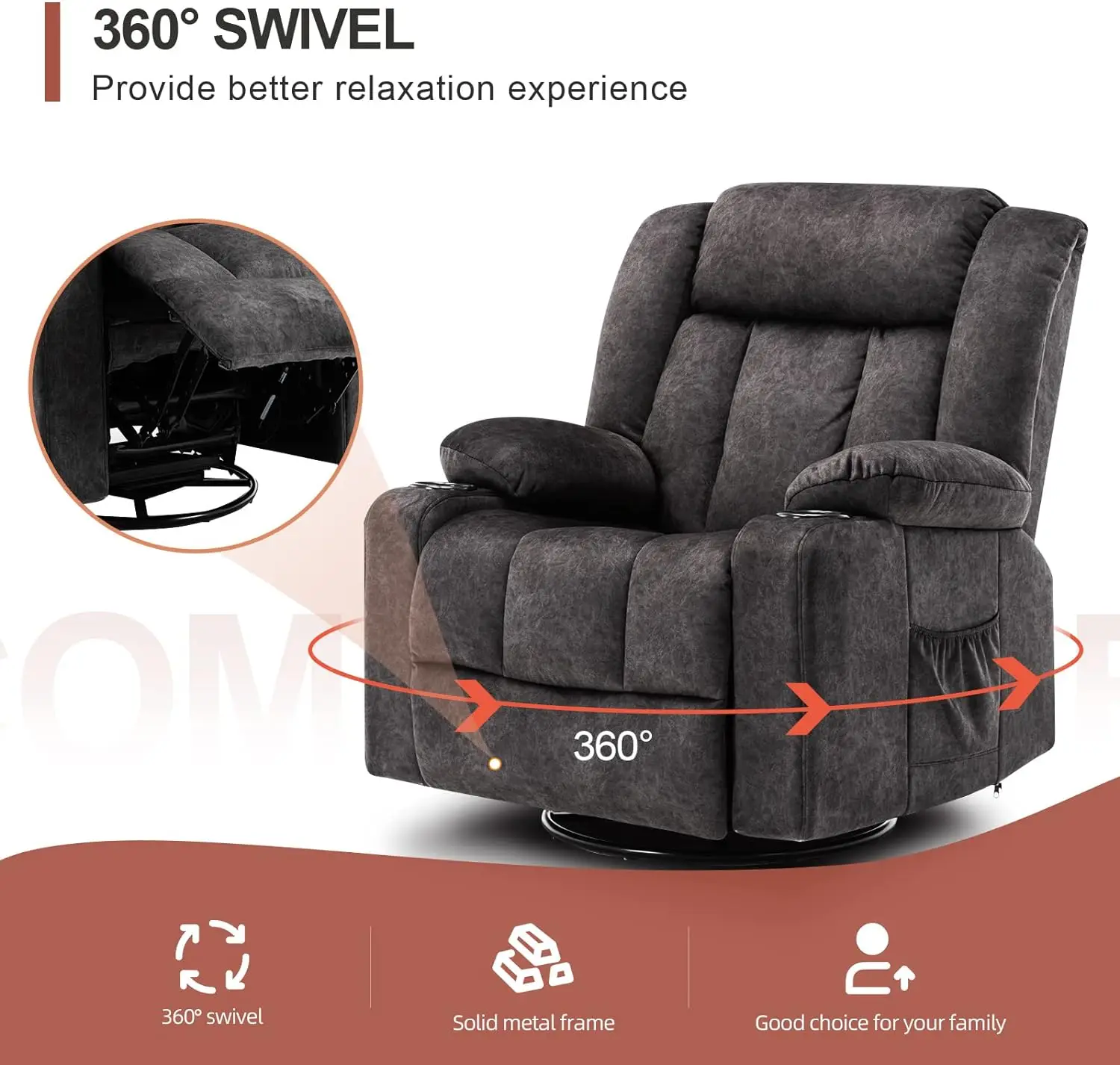 COMHOMA Recliner Chair Massage Rocker with Heated 360 Degree Swivel Lazy Boy Recliner Single Sofa Seat with Cup Holders for