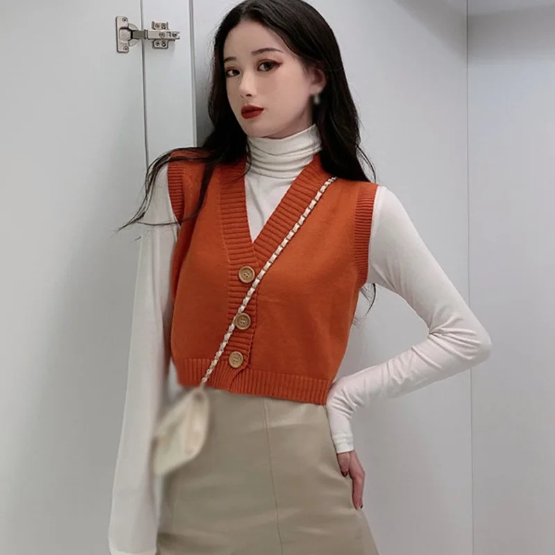 Autumn Women Button Down Knit Sweater Vest Sleeveless V Neck Casual Solid Knitted Crop Cardigan Vest Outerwear