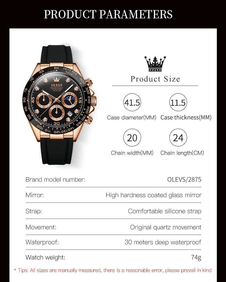 OLEVS 2875 Fashion Luxury Original Wristwatch Chronograph Silicone Strap Waterproof Watch For Men Moon Phase Calendar Man Watch