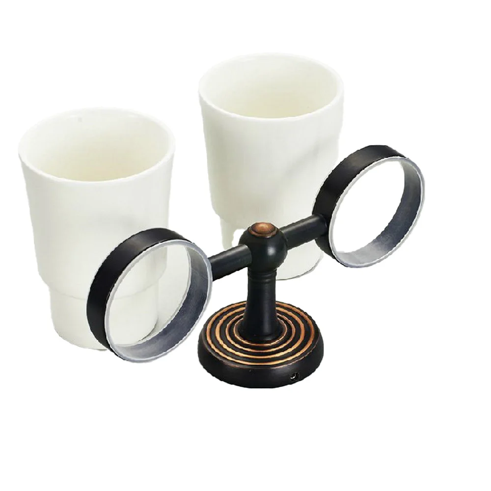 Soporte de cepillo de dientes de latón frotado con aceite negro con tazas dobles de cerámica accesorios de baño montados en la pared aba143