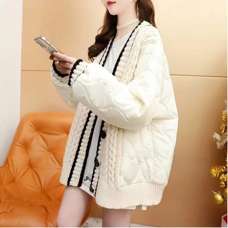 New 2024 Autumn Winter Parkas Spliced Blue Women Sweater Cardigan Coats Lazy Wind Knitted Stitching Loose Female cotton Jacket