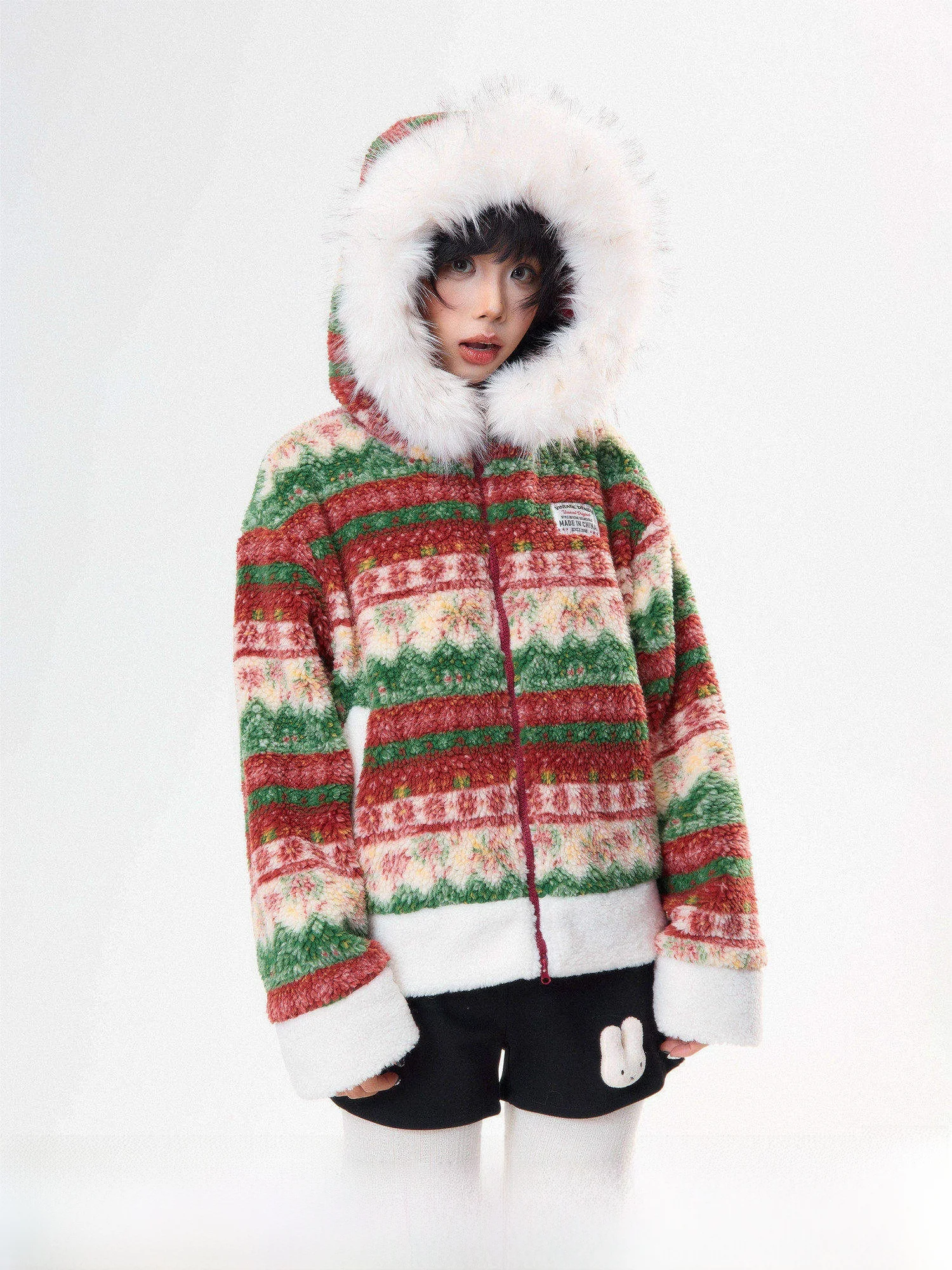 

Retro Cisas Lamb Fur Jaet Women's Winter Casual Loose Warm Cotton Coat with Hood Polyester Fiber Fillings Thiened