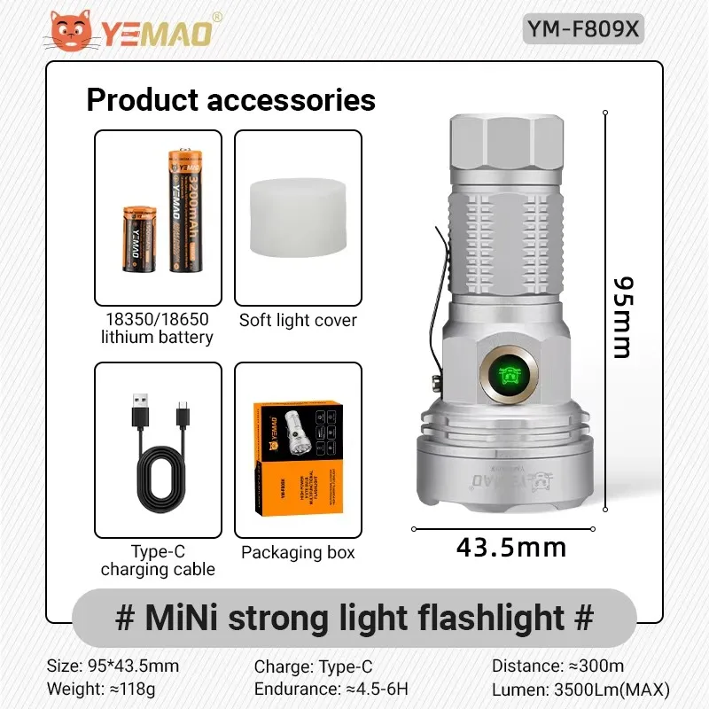 YEMAO F809X 3500LM 작업 사이트 및 보안 조명, 300m 빔, 9XTE Wicks 손전등, 자기, 클립, 6 모드, 18350/18650 배터리