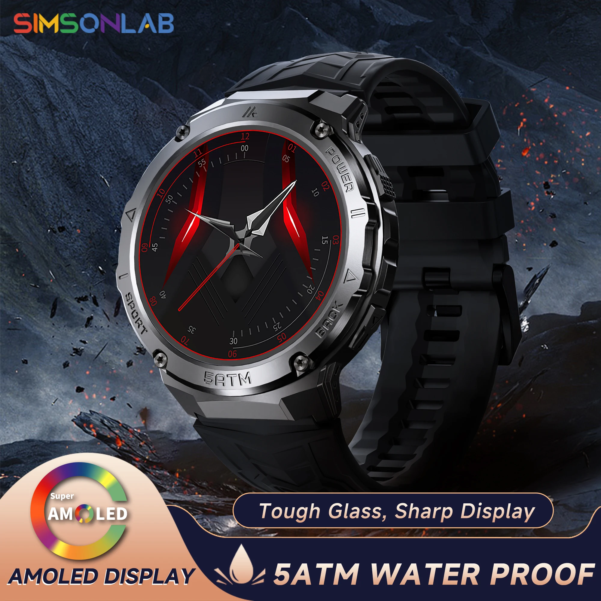 SIMSONLAB 5ATM Waterproof New Watch 466*466 Screen Resolution 450mAh Big Battery Voice Assistant BT Calling Health Monitoring