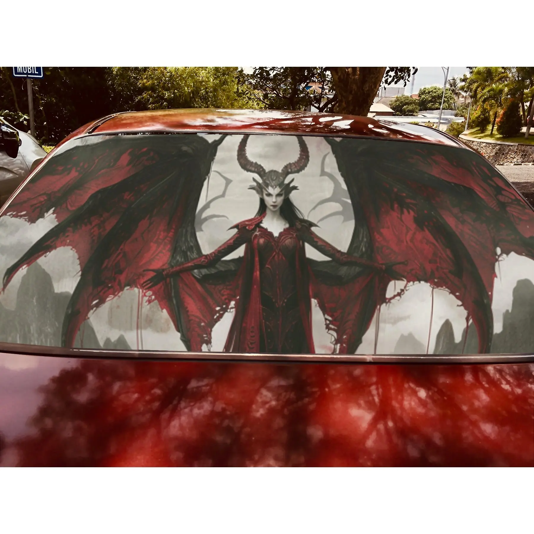 Fantasy Demoness pasa sus alas rojas, pegatina para parabrisas trasero de coche, ventana de camión transparente, vinilo perforado para ventana trasera W