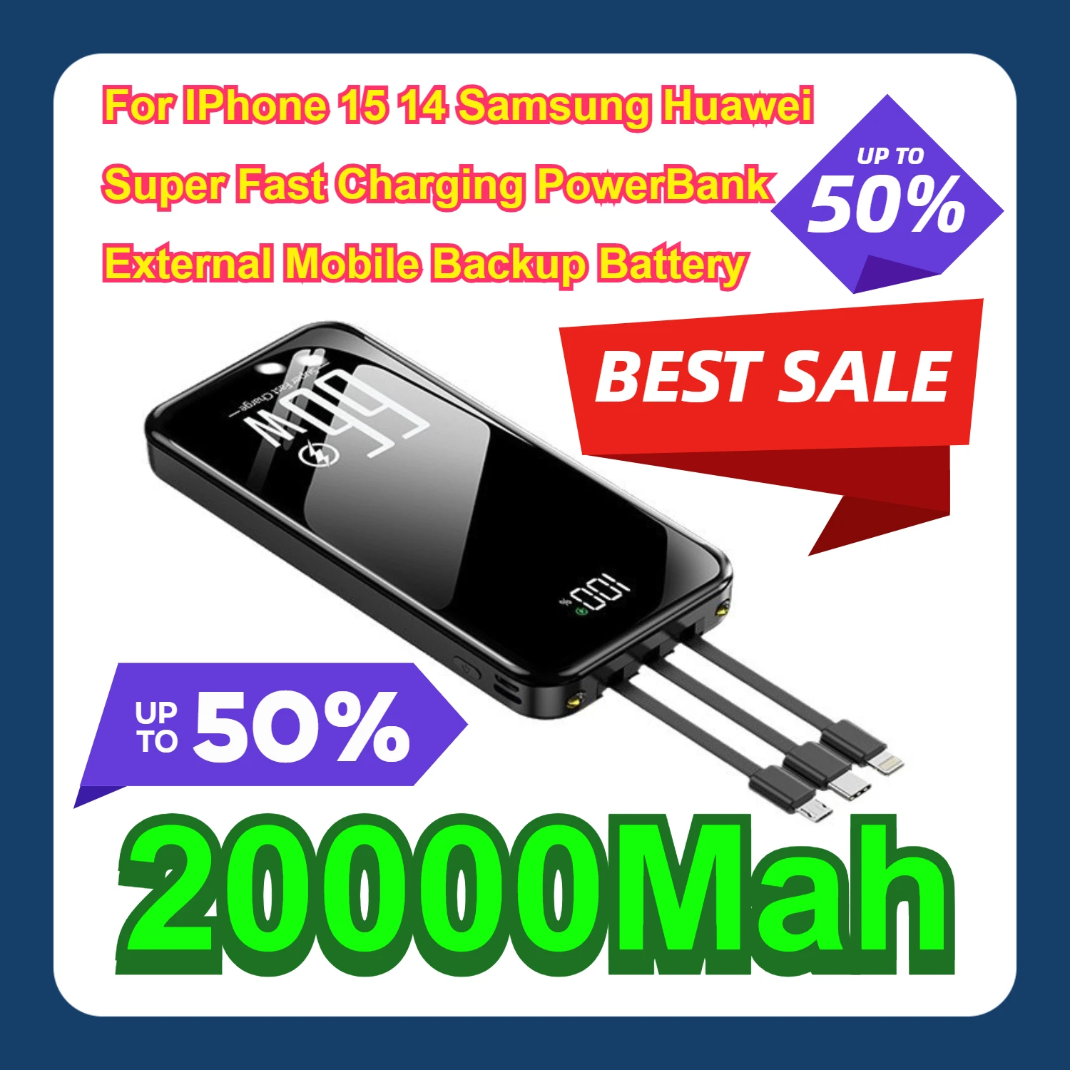 20000Mah For IPhone 15 14 Samsung Huawei Super Fast Charging PowerBank External Mobile Backup Battery