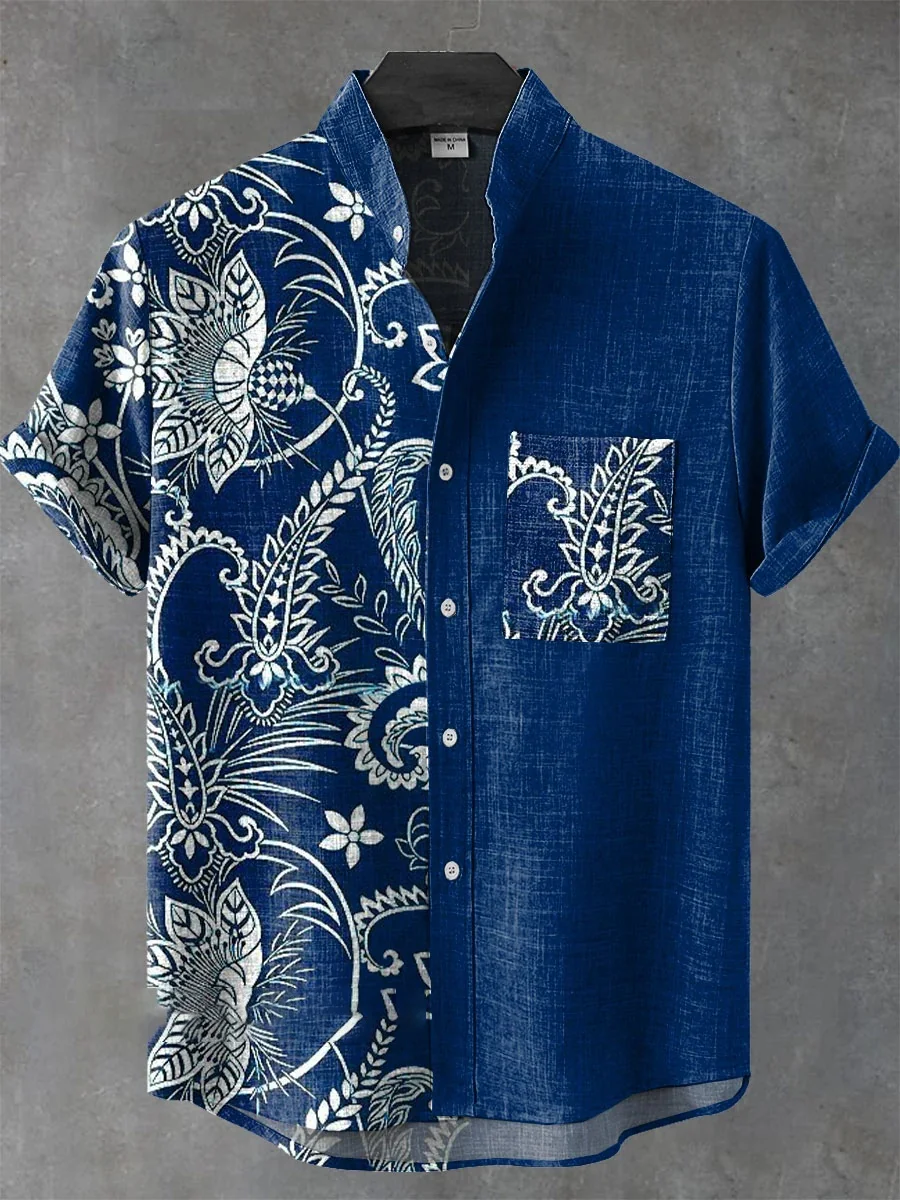 

New men's short-sleeved linen printed shirt, artistic printed vintage shirt, comfortable fabric, fast shipping